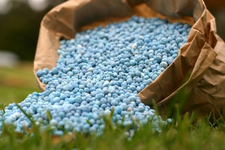 fertiliser blue fertilizer in brown paper bag