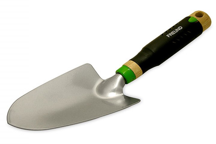 steel gardening trowel with wood handle